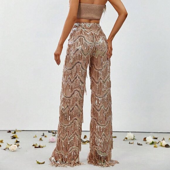 Apricot Preppy Womens Rose Tube Top & Fringe Trim Wide Leg Pants - Picture 2 of 5